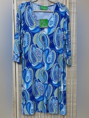 New Blue Paisley Jersey V-Neck Dress 1X